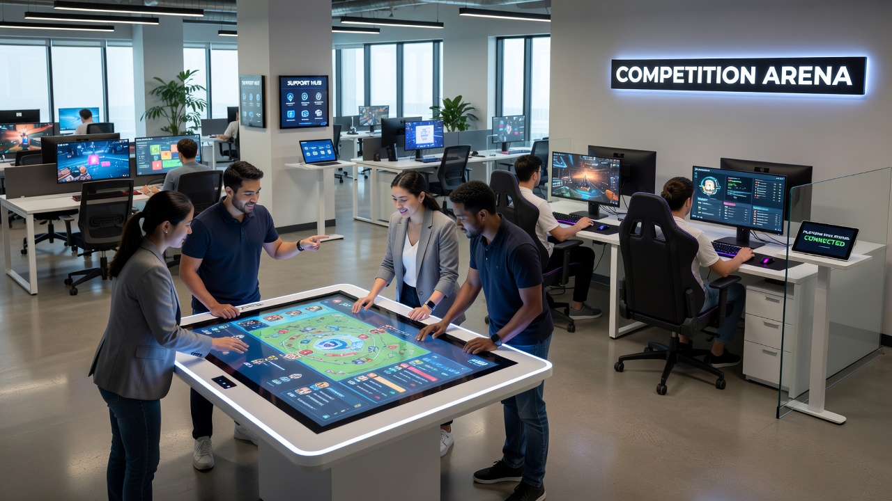 Darstellung mobiler Geräte mit vernetzten Glücksspiel-Plattformen und Support-Funktionen